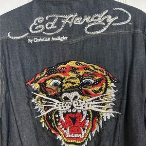 Ed Hardy Dark Denim Jacket with Vibrant Tiger
